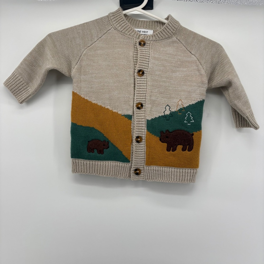 Nine West Baby Boys Girls Tan Bear‎ Forest Scene Button Up Cardigan 12 Months